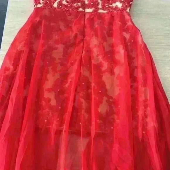 Red and Cream Floral Lace Halter Neck Evening Gown Prom Dress - Picture 16 of 17